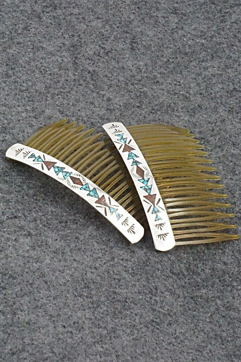 Turquoise, Coral & Sterling Silver Hair Combs - Jolene Yazzie