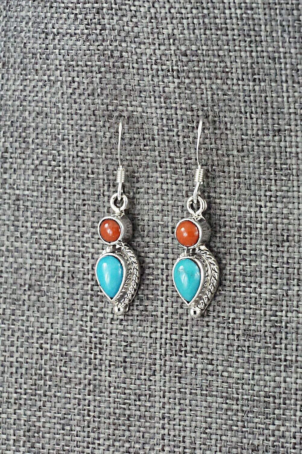 Turquoise, Coral & Sterling Silver Earrings - Verley Betone