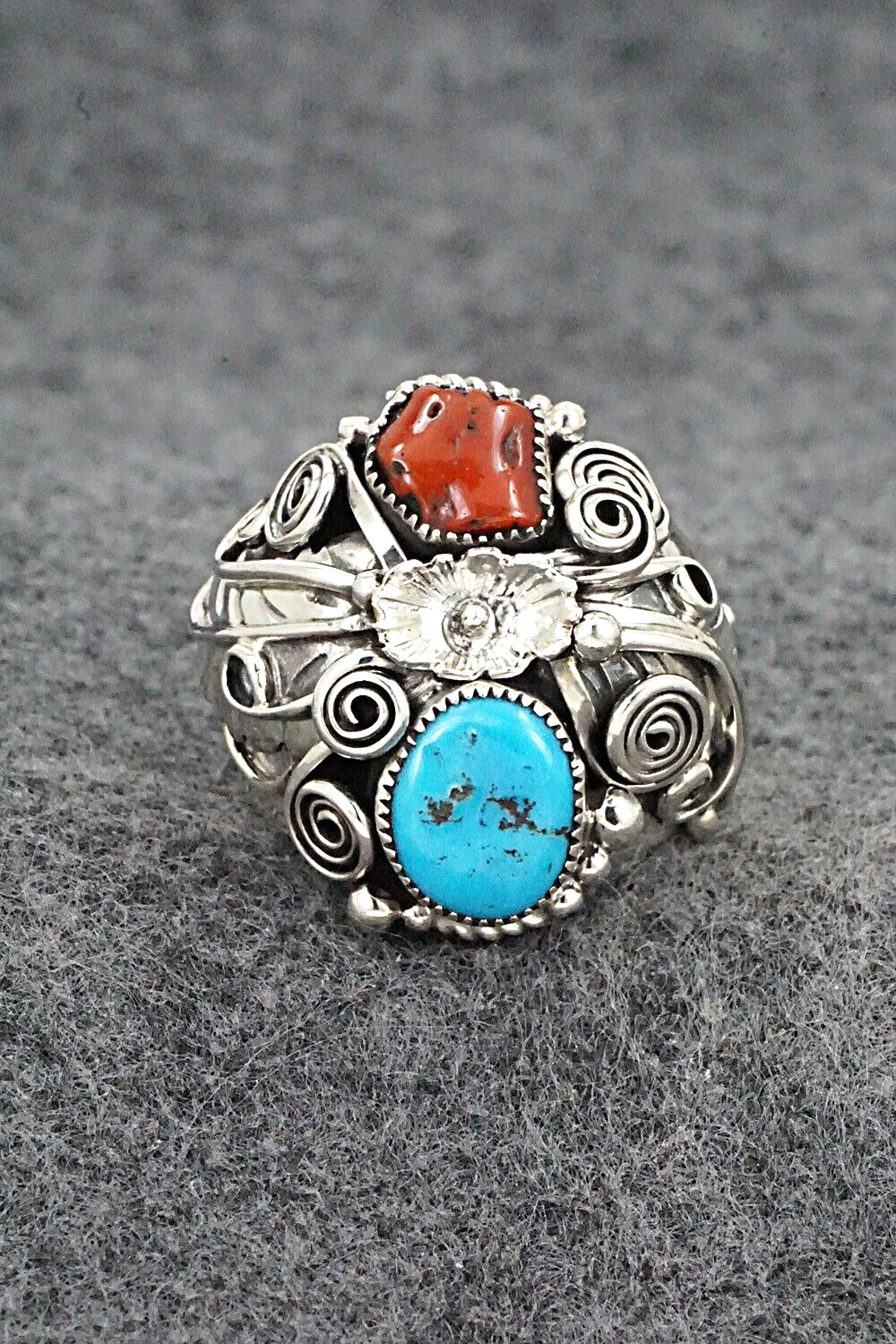 Turquoise, Coral & Sterling Silver Ring - Sarah Yazzie - Size 10.5