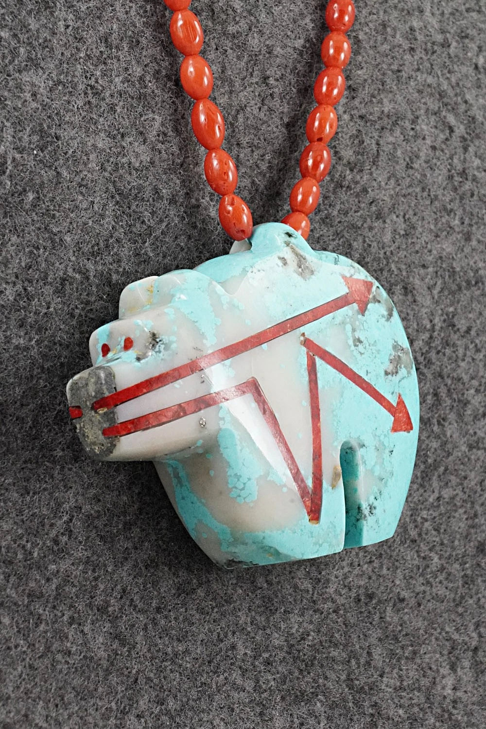 Coral, Turquoise Zuni Fetish & Sterling Silver Necklace - Bernard Laiwakete