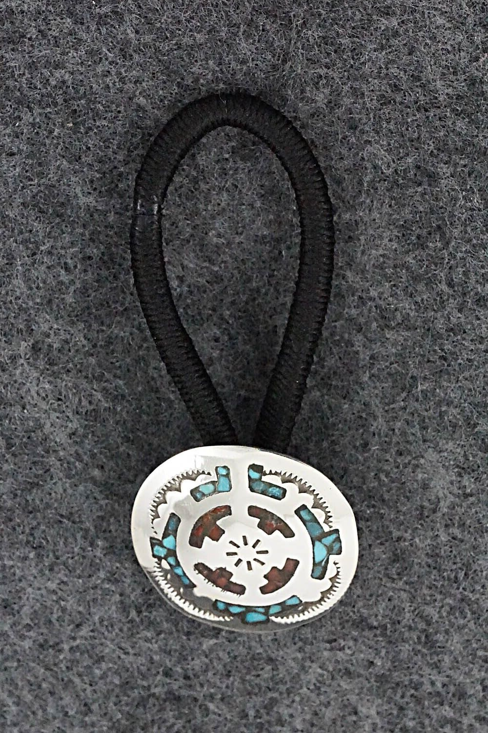 Turquoise, Coral Chip Inlay & Sterling Silver Hair Tie - Joleen Yazzie