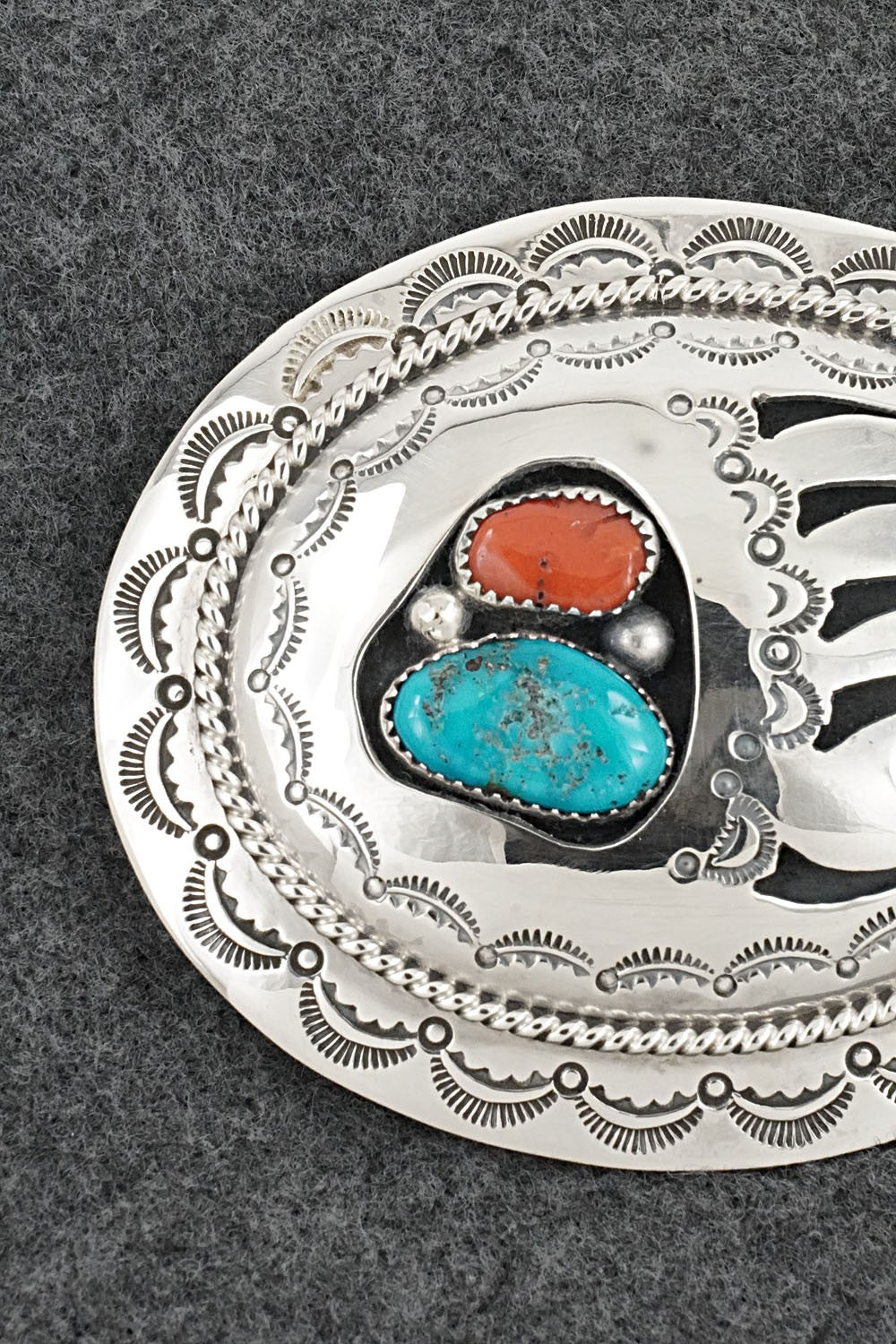 Turquoise, Coral & Sterling Silver Belt Buckle - Wilbert Muskett Sr.