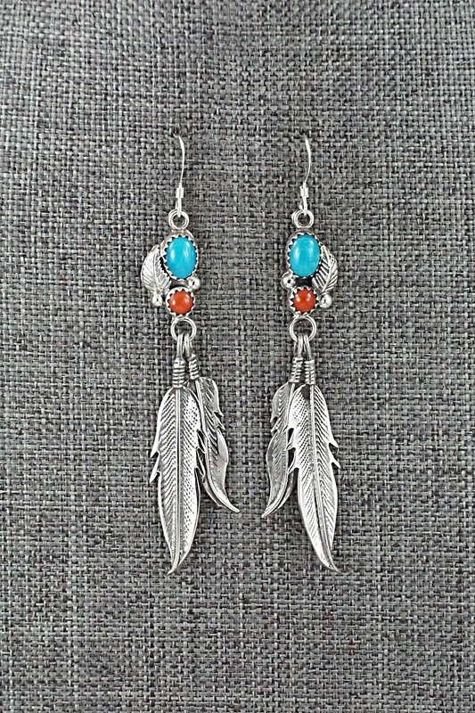 Turquoise, Coral & Sterling Silver Earrings - Annie Spencer