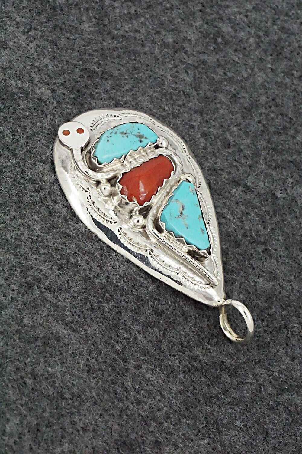 Turquoise, Coral and Sterling Silver Pendant - Joy Calavaza