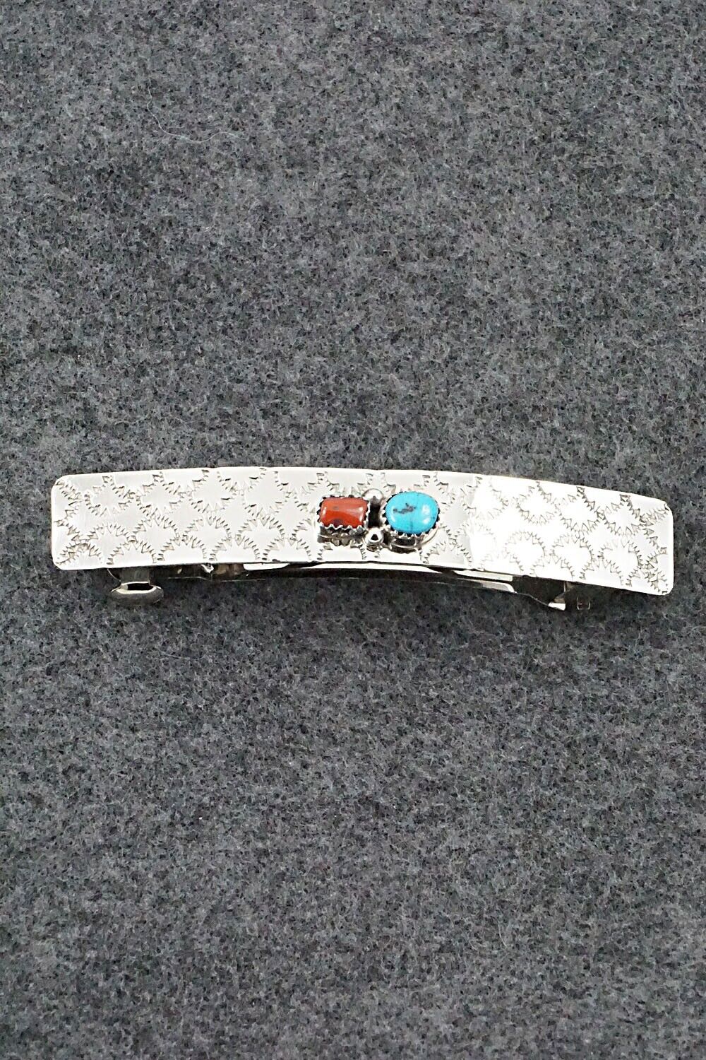 Turquoise, Coral & Sterling Silver Hair Barrette - Sally Arviso