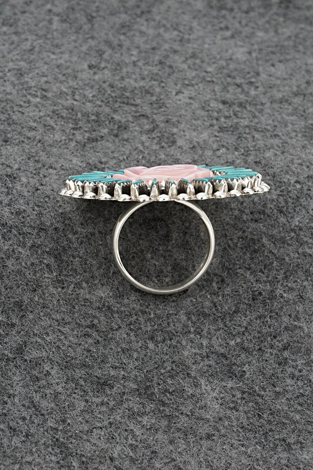 Turquoise, Pink Conch & Sterling Silver Ring - Roland Francisco - Size Adj.