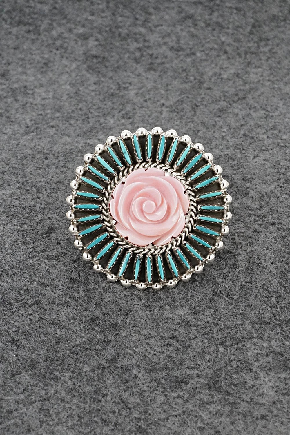 Turquoise, Pink Conch & Sterling Silver Ring - Roland Francisco - Size Adj.