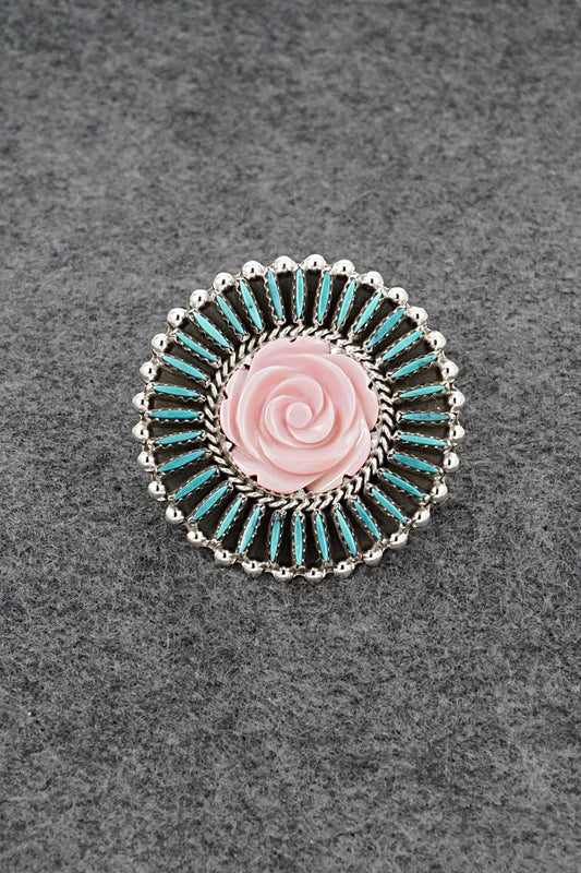 Turquoise, Pink Conch & Sterling Silver Ring - Roland Francisco - Size Adj.