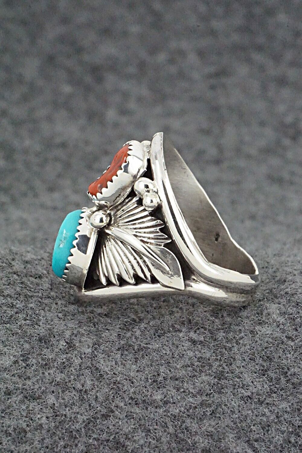 Turquoise, Coral & Sterling Silver Ring - Jeannette Saunders - Size 11