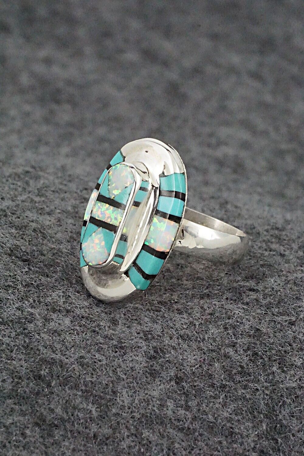 Turquoise, Onyx, Opalite & Sterling Silver Ring - Ophelia Panteah - Sz. 7