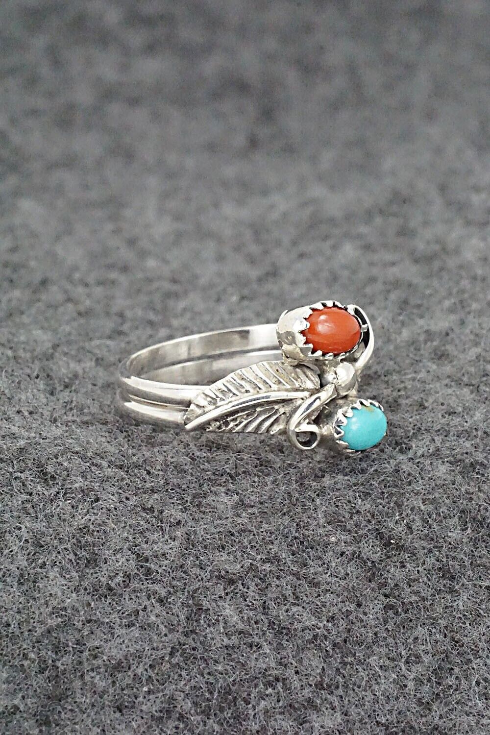Turquoise, Coral & Sterling Silver Ring - Harry B. Yazzie - Size 8