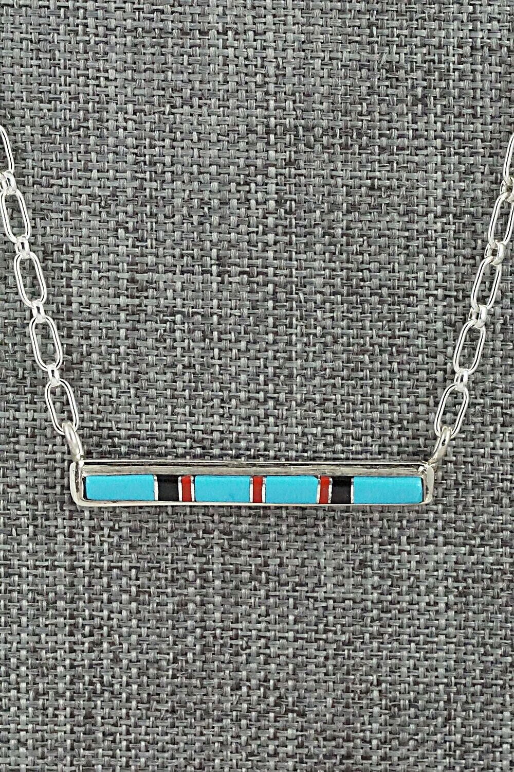Turquoise, Coral, Onyx & Sterling Silver Inlay Necklace - Roland Natachu