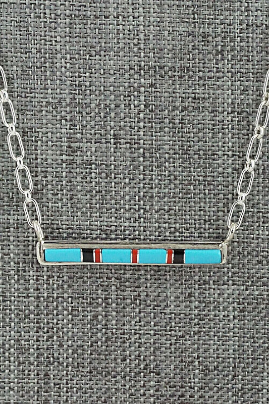 Turquoise, Coral, Onyx & Sterling Silver Inlay Necklace - Roland Natachu