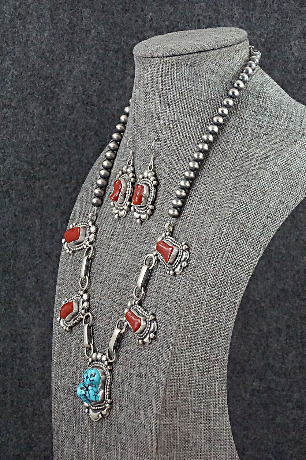 Turquoise, Coral & Sterling Silver Necklace and Earrings Set - Tom Lewis