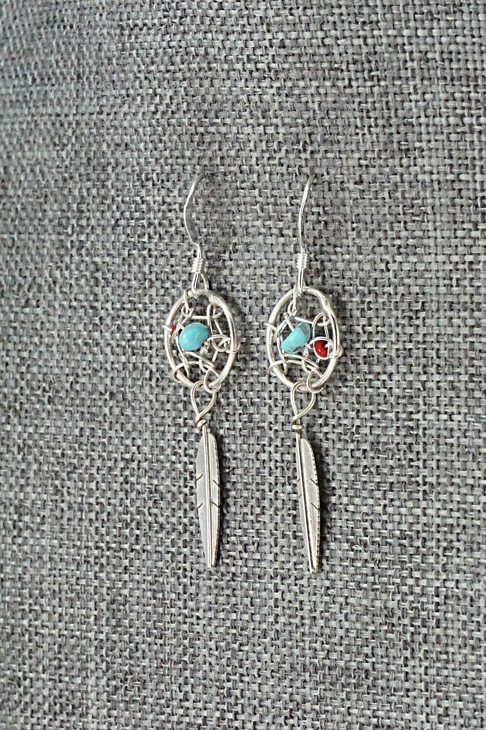 Turquoise, Coral & Sterling Silver Earrings - Lorenzo Arviso Jr.