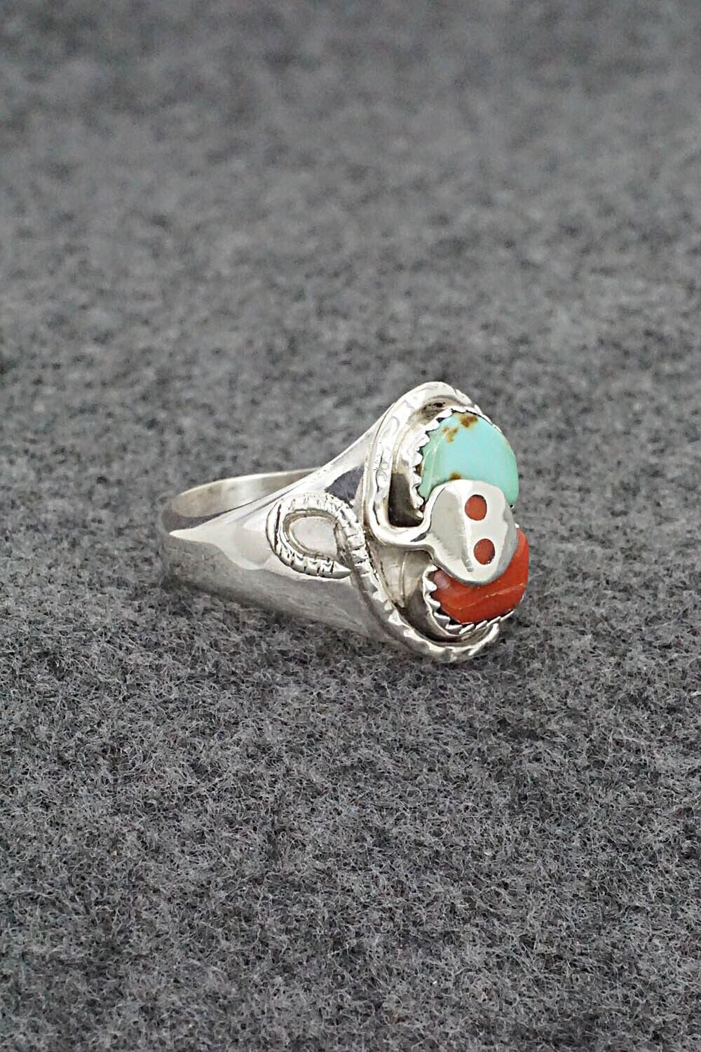 Turquoise, Coral & Sterling Silver Ring - Joy Calavaza - Size 7.5