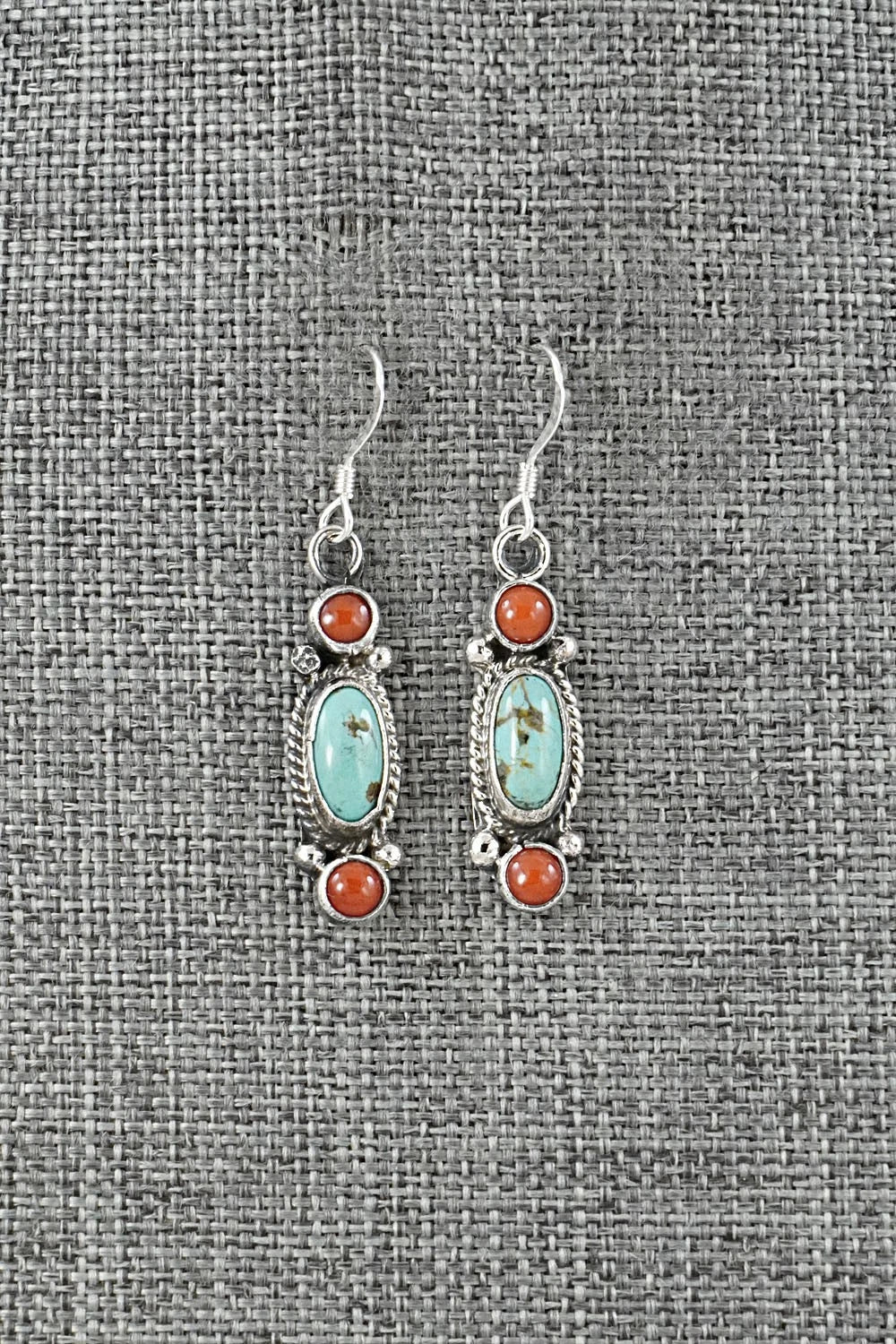 Turquoise, Coral & Sterling Silver Earrings - Verley Betone