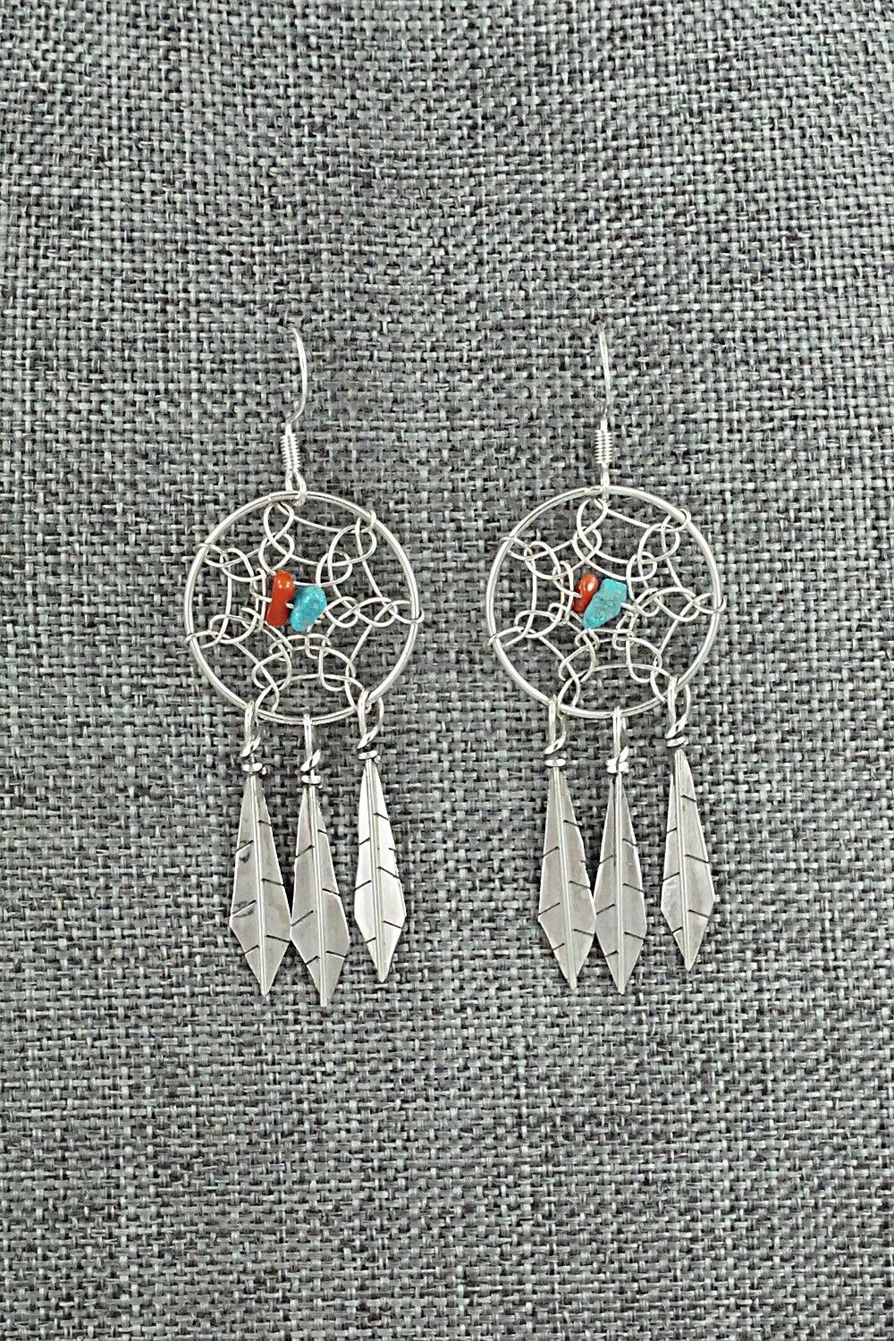 Turquoise, Coral & Sterling Silver Earrings - Lorenzo Arviso Jr.