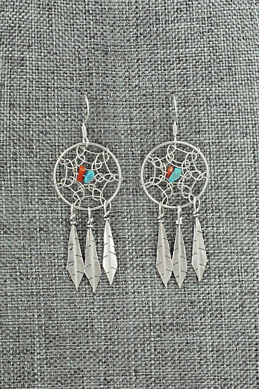 Turquoise, Coral & Sterling Silver Earrings - Lorenzo Arviso Jr.