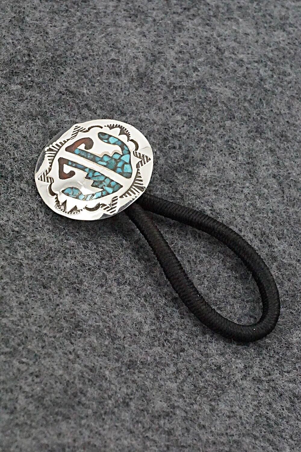 Turquoise, Coral Chip Inlay & Sterling Silver Hair Tie - Joleen Yazzie