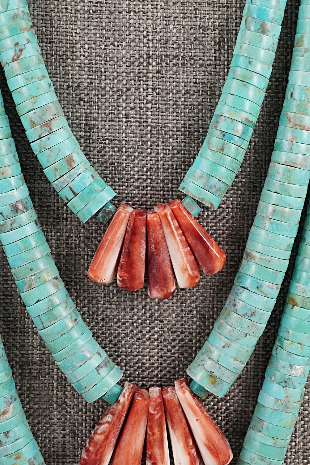 Turquoise, Spiny Oyster and Sterling Silver Necklace - Lupe Lovato