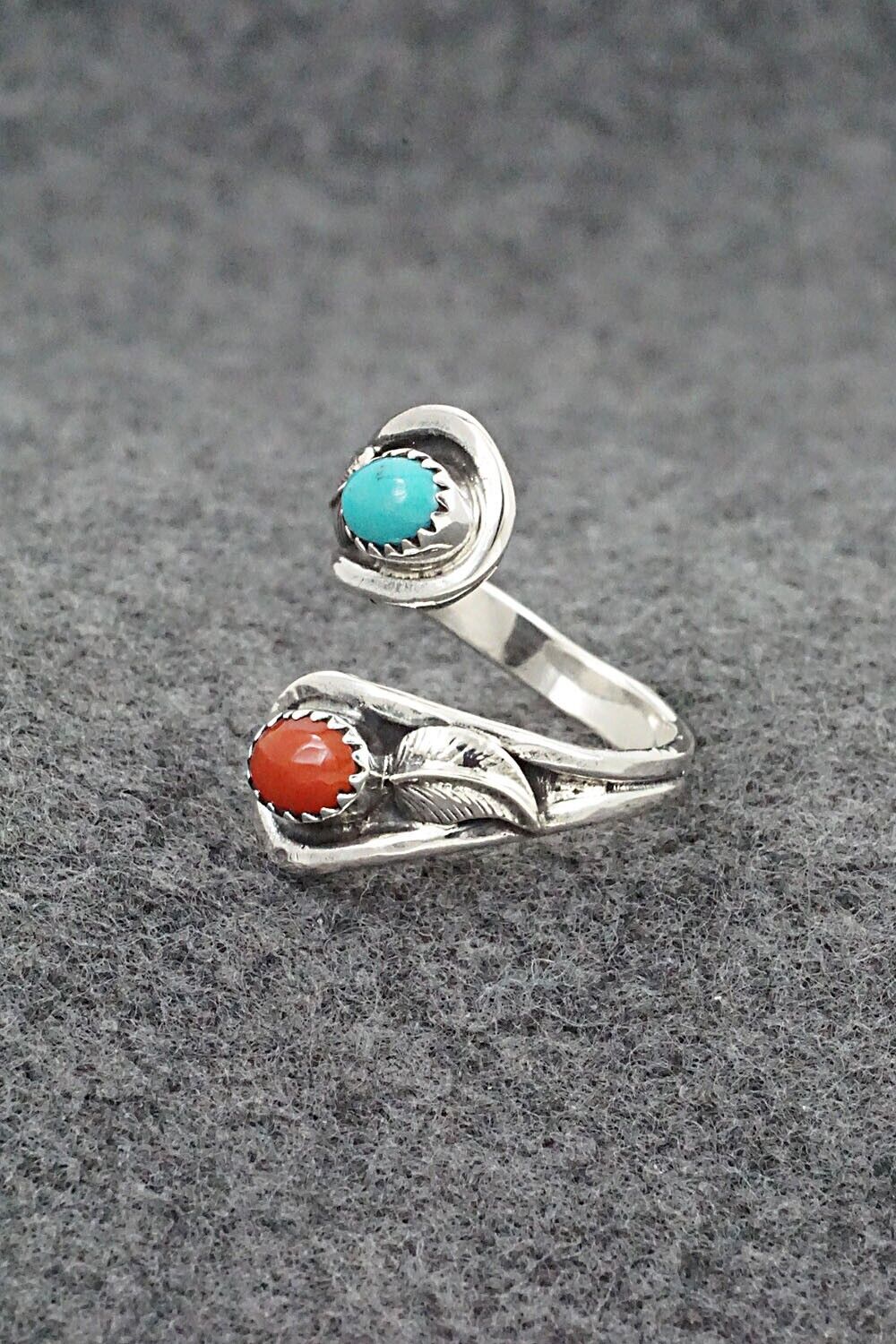 Turquoise, Coral & Sterling Silver Ring - Angela Platero - Size 9