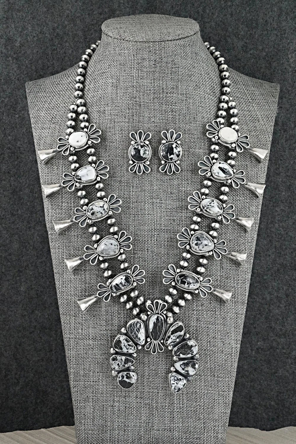 White Buffalo & Sterling Silver Squash Blossom Set - Darrin Livingston