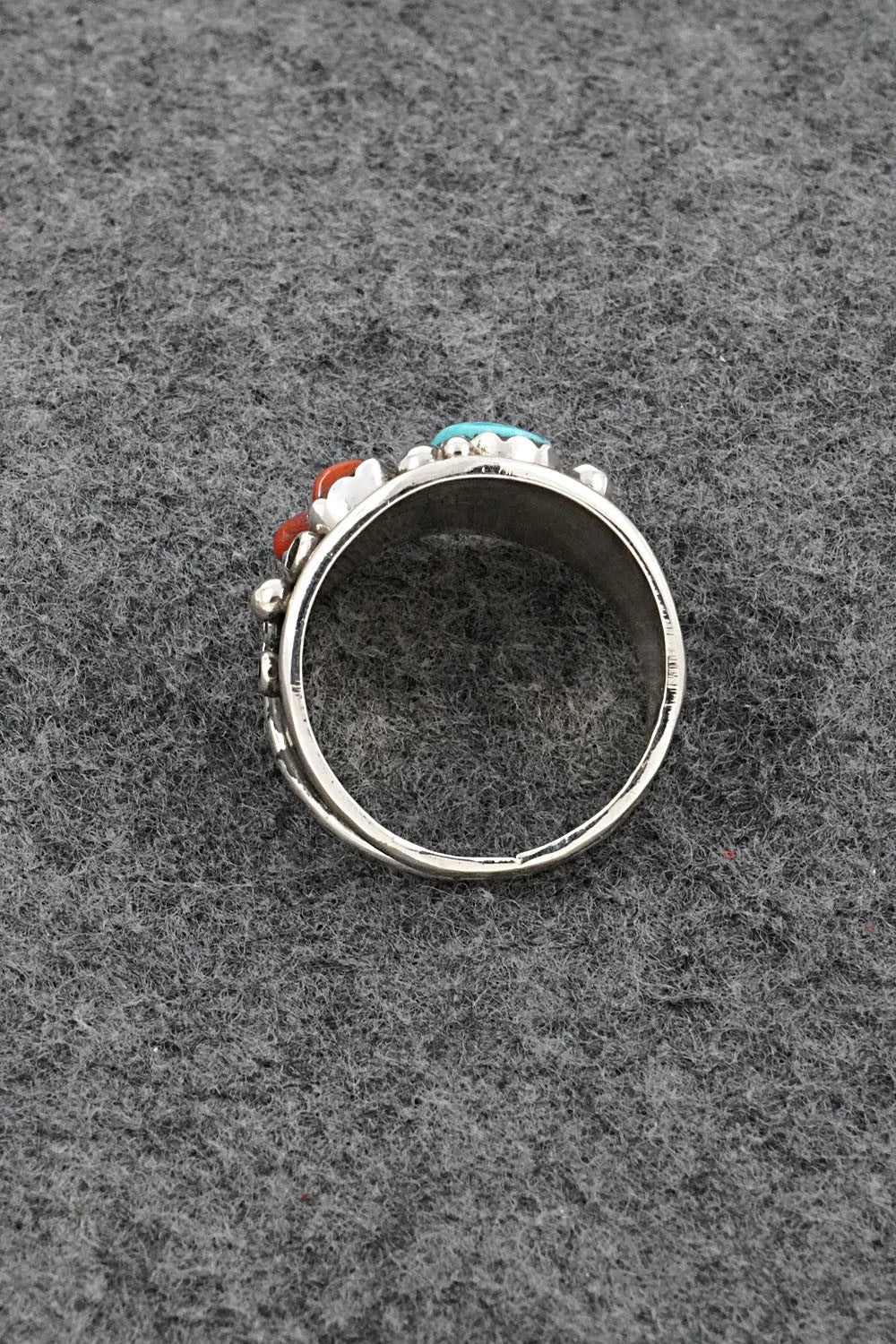 Turquoise, Coral & Sterling Silver Ring - Darrell Morgan - Size 13