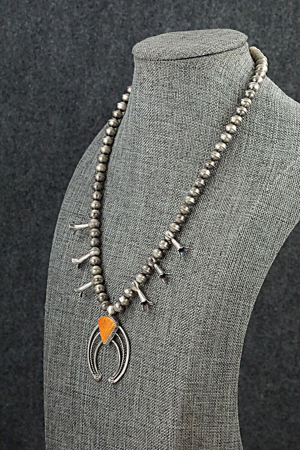 Spiny Oyster & Sterling Silver Squash Blossom Necklace - Phil Garcia