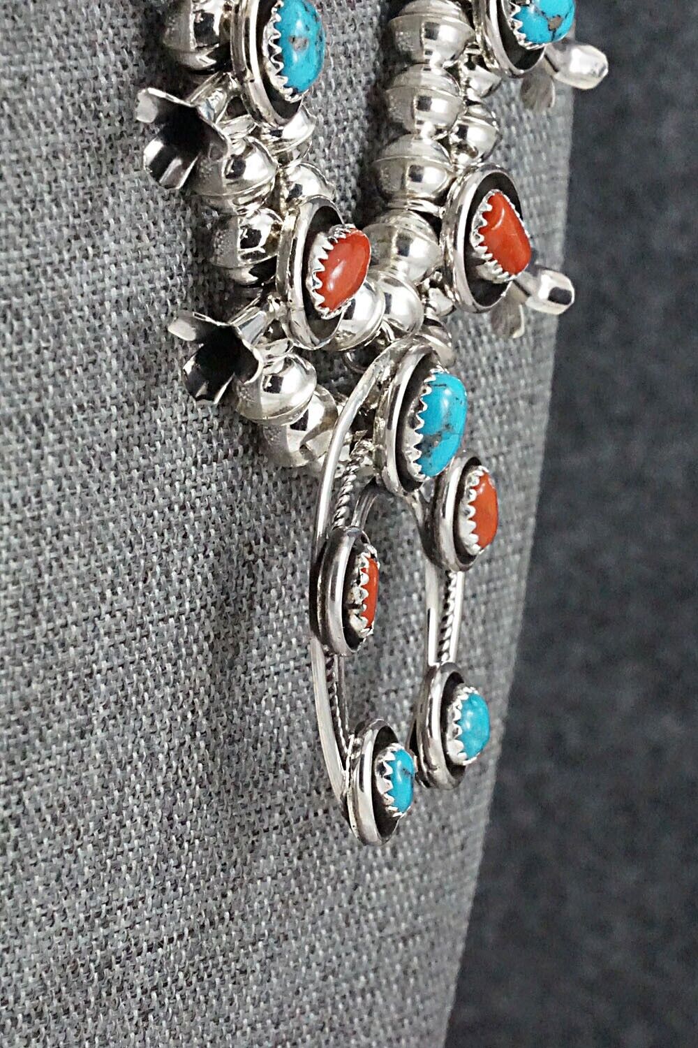 Turquoise, Coral & Sterling Silver Mini Squash Blossom Set - Phil Garcia