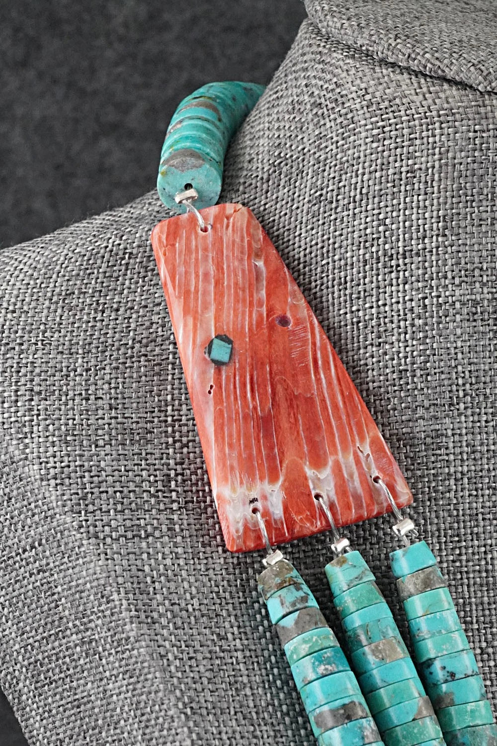 Turquoise, Spiny Oyster and Sterling Silver Necklace - Lupe Lovato