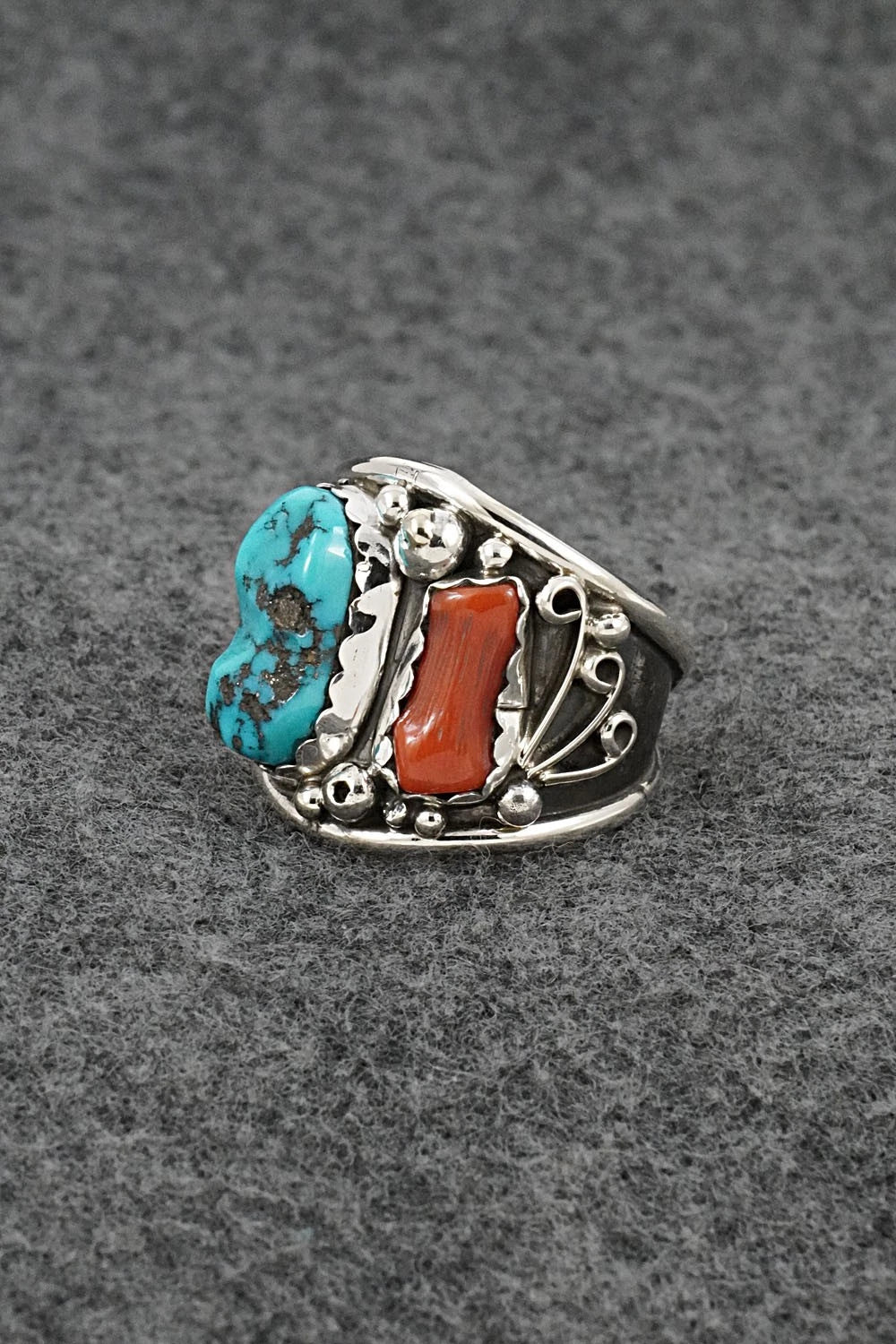 Turquoise, Coral & Sterling Silver Ring - Darrell Morgan - Size 11