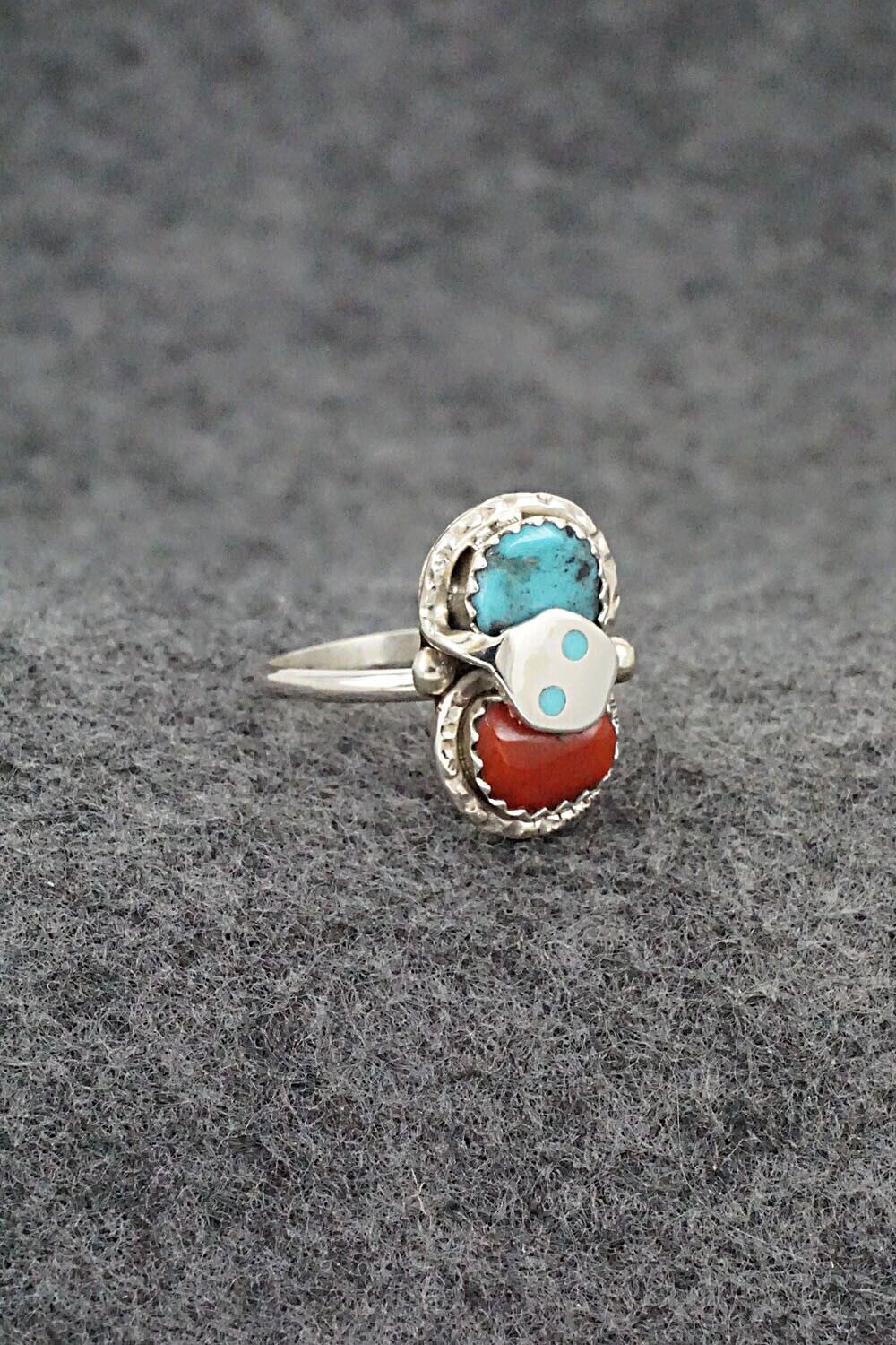 Turquoise, Coral & Sterling Silver Ring - Joy Calavaza - Size 7.5