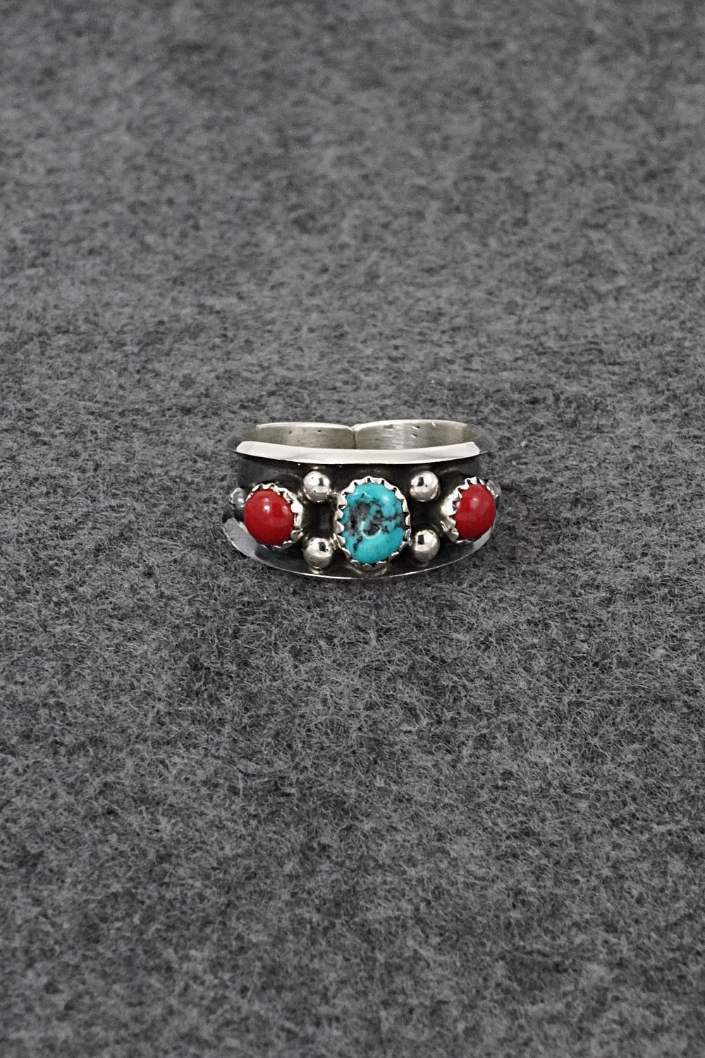 Turquoise, Coral & Sterling Silver Ring - Paul Largo - Size 10