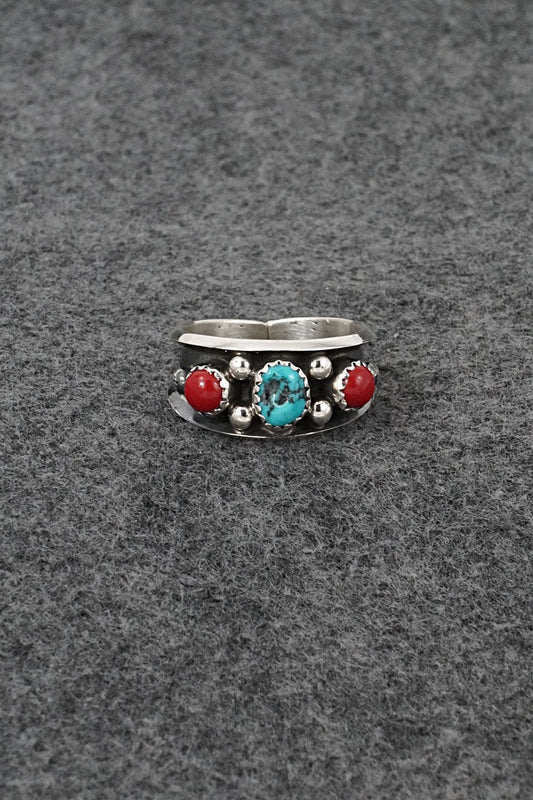 Turquoise, Coral & Sterling Silver Ring - Paul Largo - Size 10