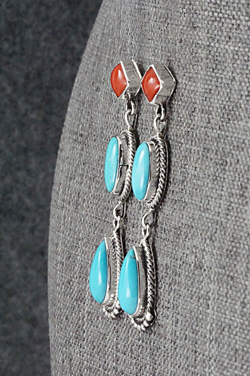 Turquoise, Coral & Sterling Silver Earrings - Verley Betone