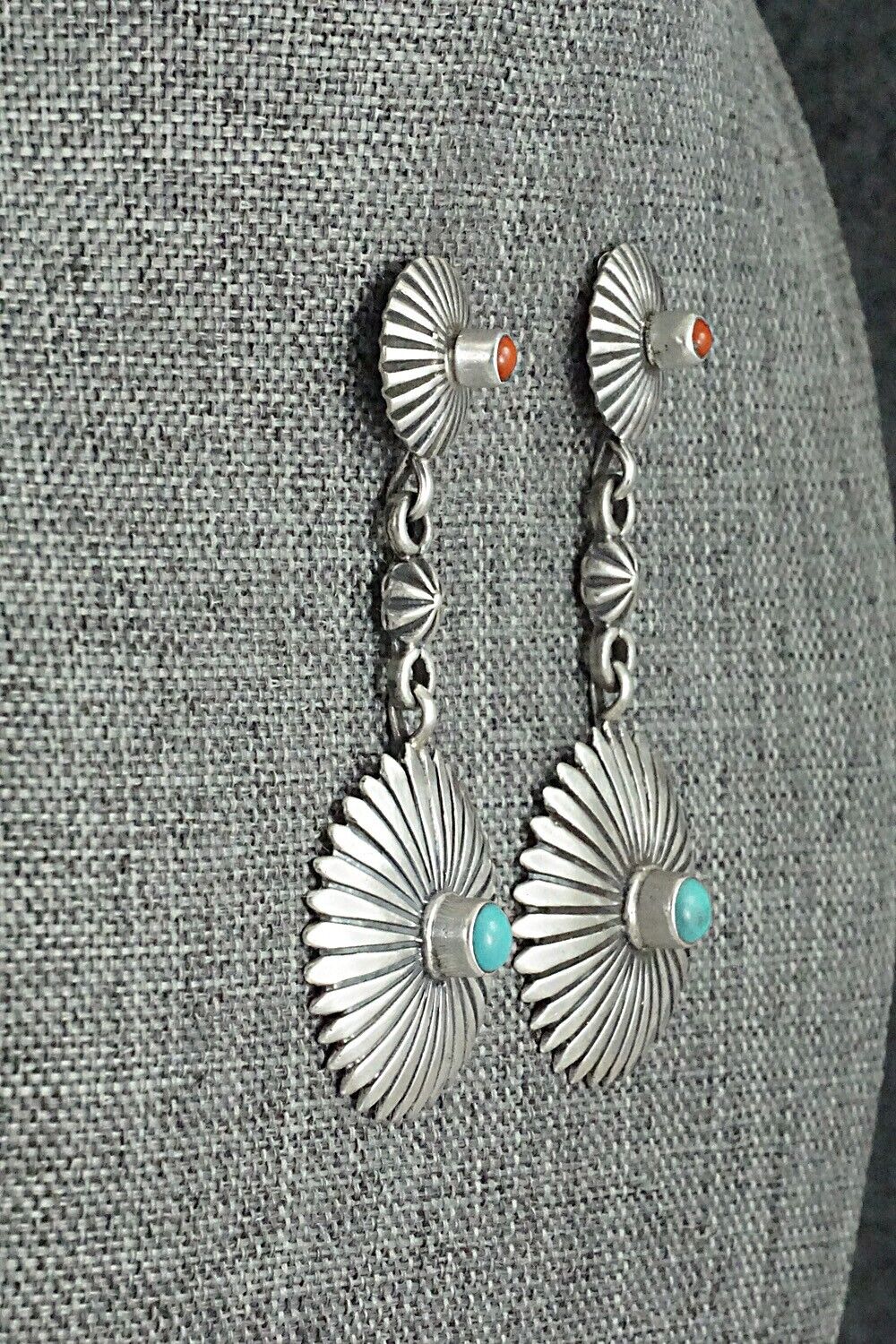 Turquoise, Coral & Sterling Silver Earrings - Verley Betone