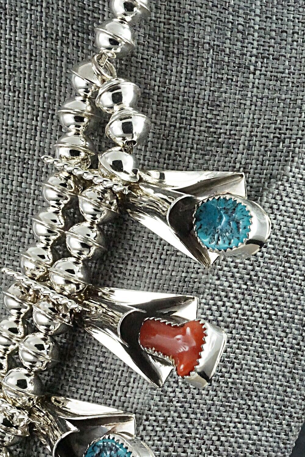 Turquoise, Coral & Sterling Silver Squash Blossom Set - Louise Yazzie