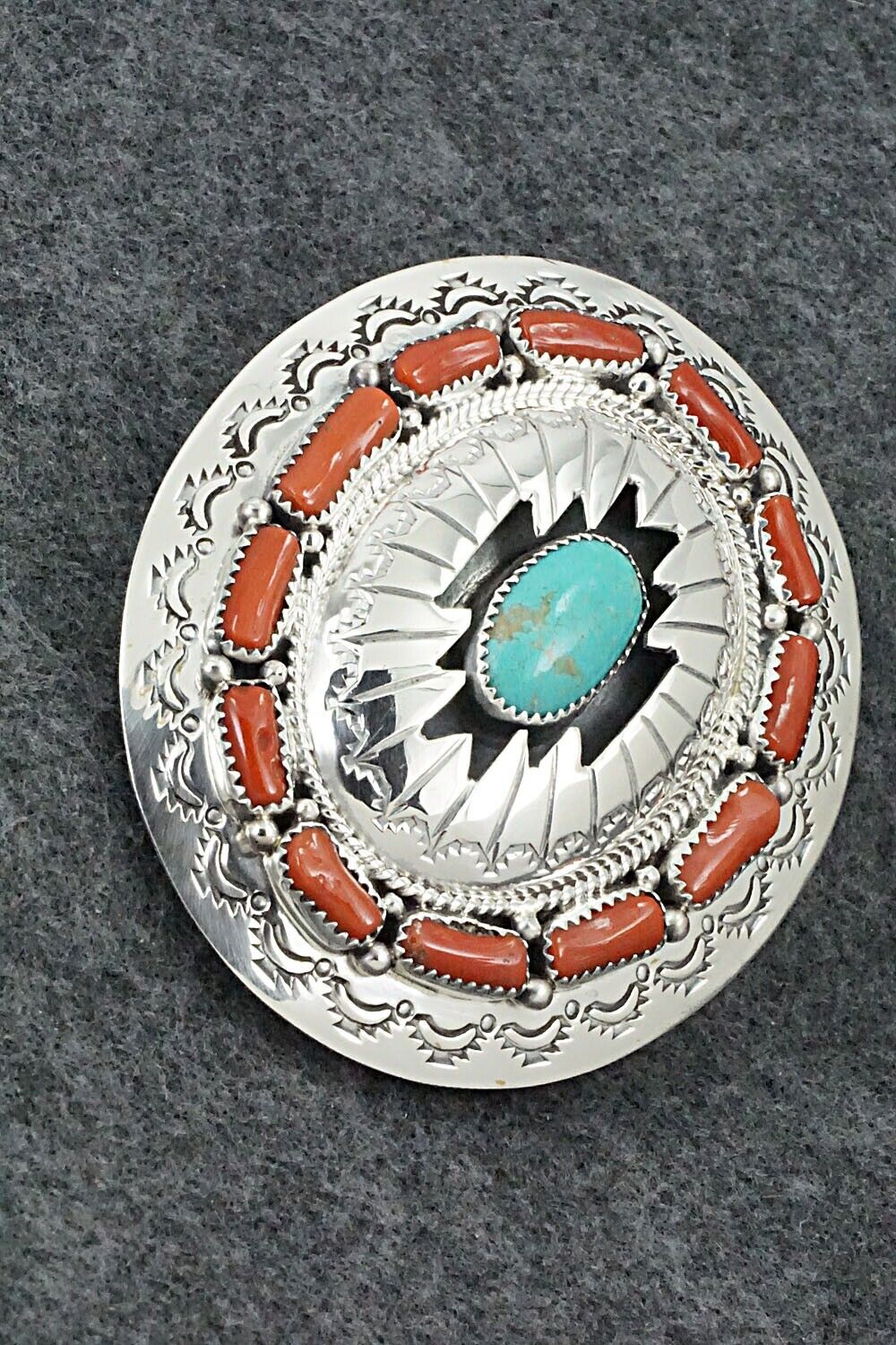 Turquoise, Coral & Sterling Silver Belt Buckle - Wilbert Muskett Sr.