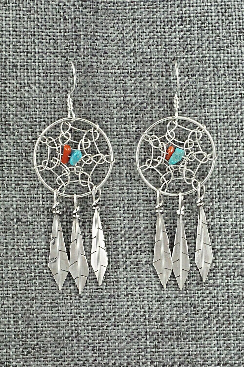 Turquoise, Coral & Sterling Silver Earrings - Lorenzo Arviso Jr.