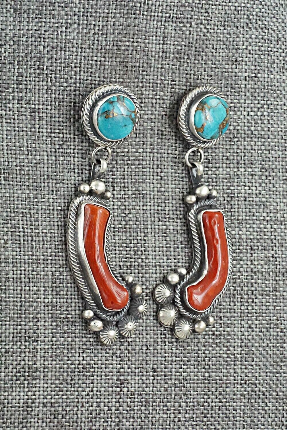 Turquoise, Coral & Sterling Silver Earrings - Tom Lewis