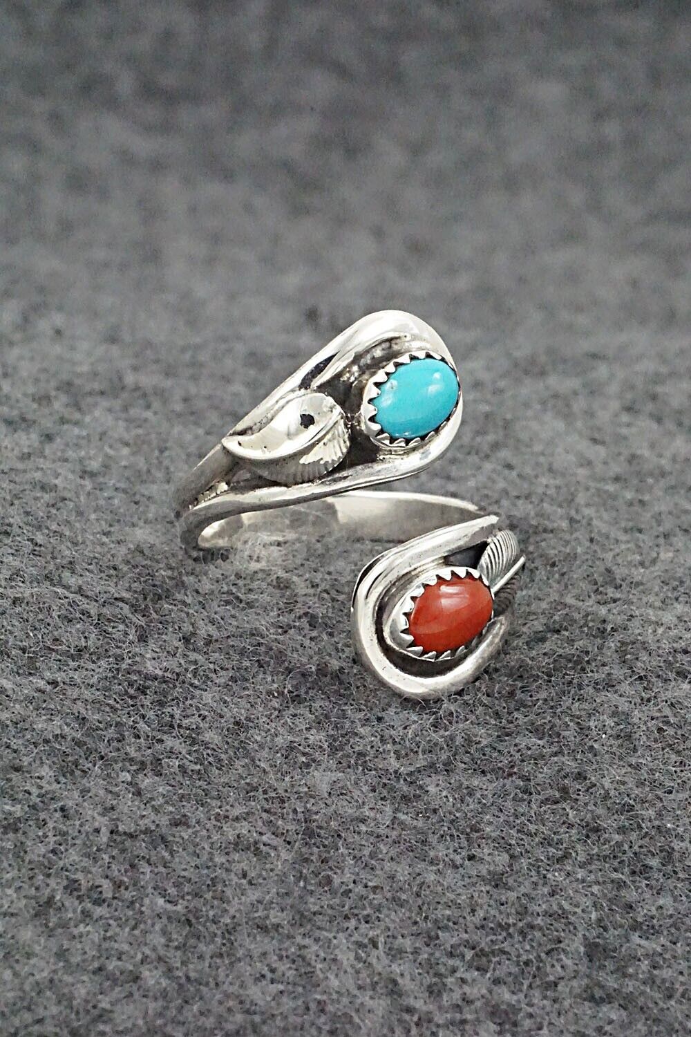 Turquoise, Coral & Sterling Silver Ring - Angela Platero - Size 9.5