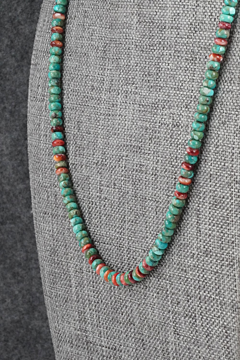 Turquoise, Spiny Oyster & Sterling Silver Necklace 19" - Helen Tsosie