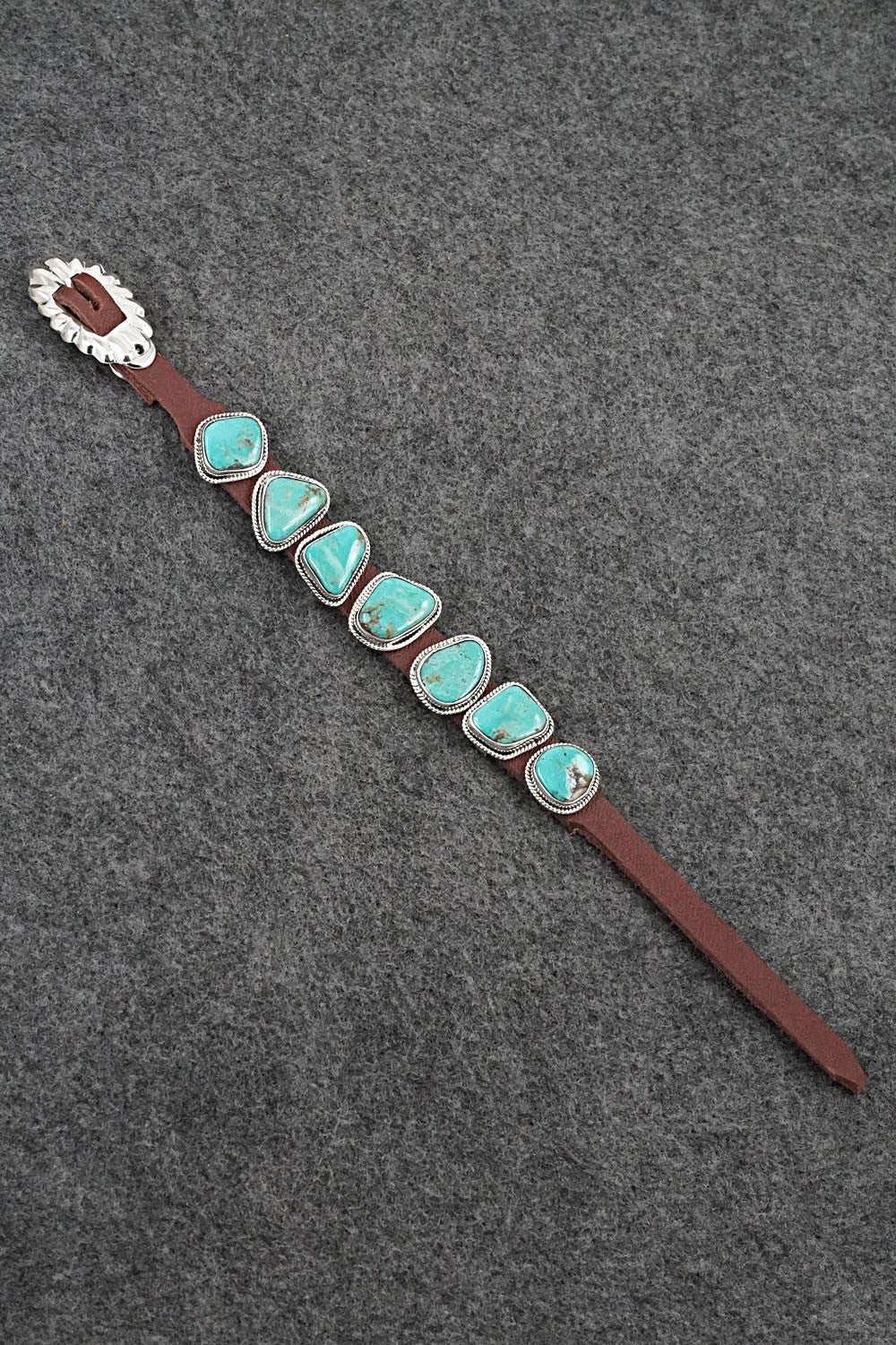 Turquoise, Sterling Silver & Leather Bracelet - Bonnie Willie