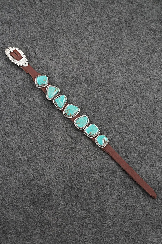 Turquoise, Sterling Silver & Leather Bracelet - Bonnie Willie