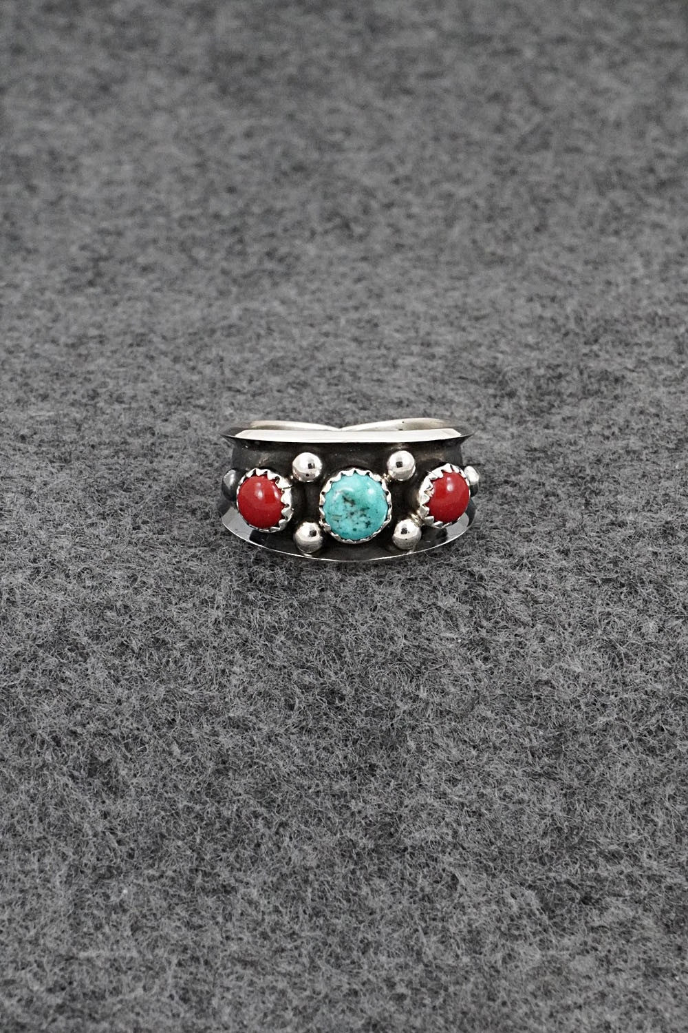 Turquoise, Coral & Sterling Silver Ring - Paul Largo - Size 9.5