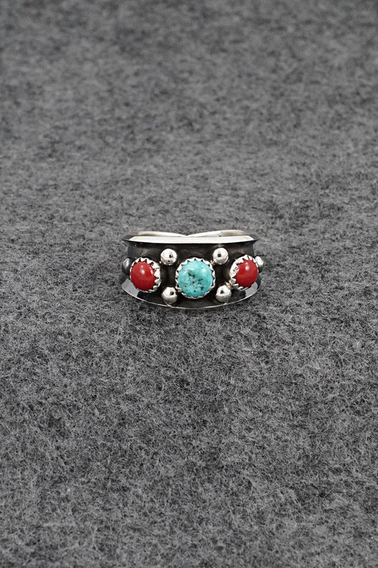 Turquoise, Coral & Sterling Silver Ring - Paul Largo - Size 9.5