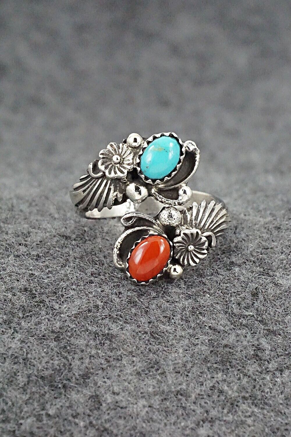 Turquoise, Coral & Sterling Silver Ring - Etta Belin - Size 8.5