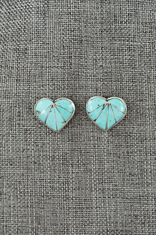 Turquoise and Sterling Silver Inlay Earrings - Evelyn Mahkee