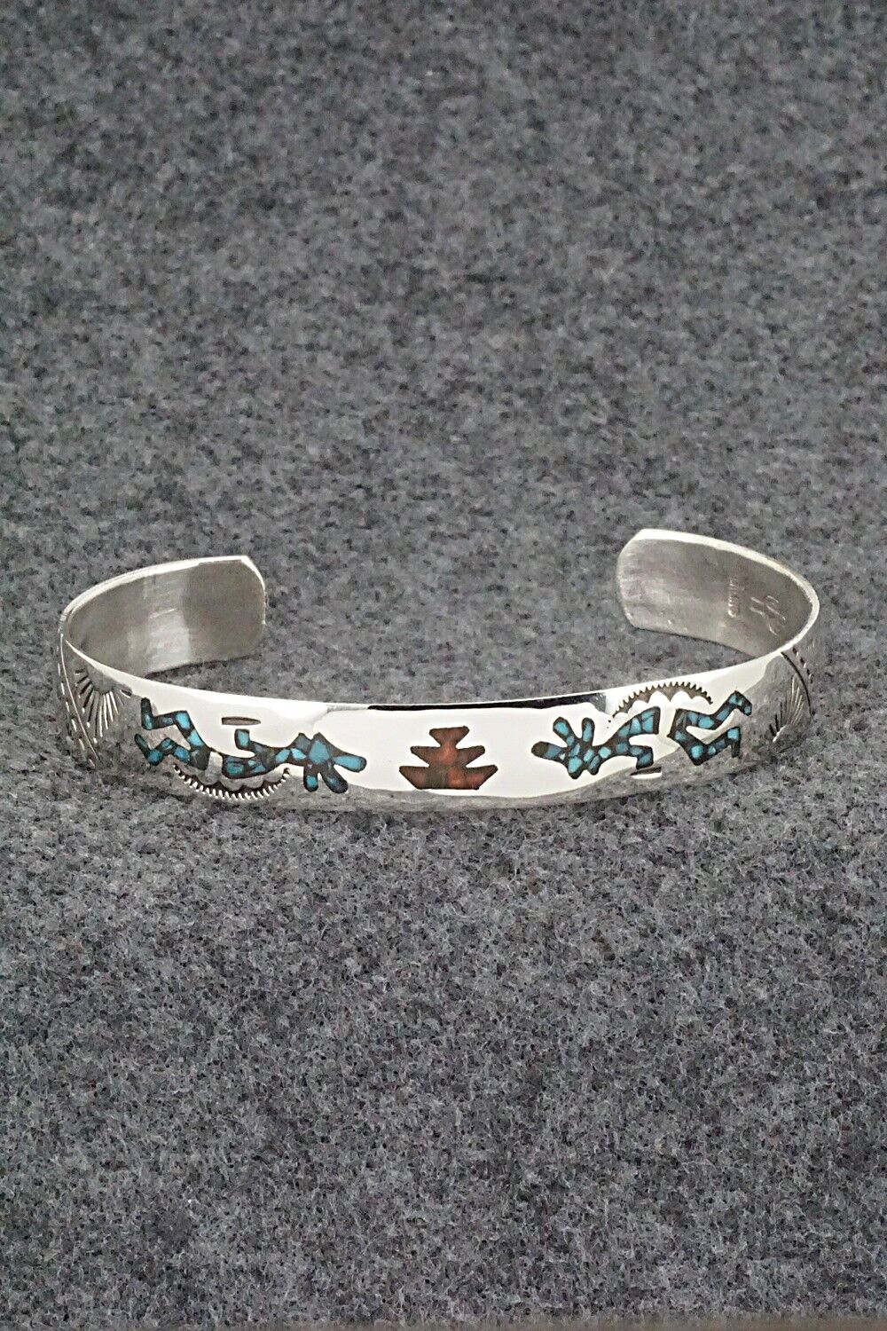 Turquoise, Coral Chip Inlay & Sterling Silver Bracelet - Joleen Yazzie